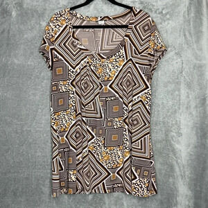 Lia Lee 2X Shirt Top Brown Geometric Cap Short Sleeve Scoop Neck Stretch Womens